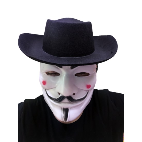 Siyah Renkli Delikli Çocuk Boy Vendetta Şapkası ve Vendetta Maskesi Siyah Renkli Delikli Çocuk Boy Vendetta Şapkası ve Vendetta Maskesi