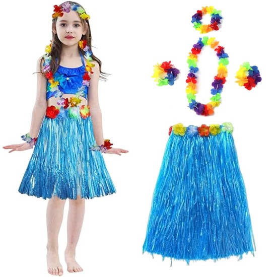 Yetişkin ve Çocuk Uyumlu Hawaii Luau Aloha Mavi Püsküllü Etek Kolye Taç ve 2 Adet Bileklik Seti Yetişkin ve Çocuk Uyumlu Hawaii Luau Aloha Mavi Püsküllü Etek Kolye Taç ve 2 Adet Bileklik Seti