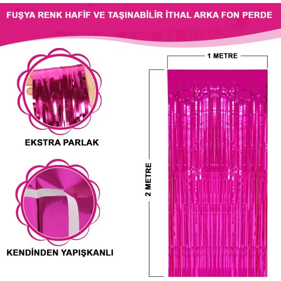 Ekstra Metalize Parlak Saçaklı Arka Fon Perde Fuşya Ekstra Metalize Parlak Saçaklı Arka Fon Perde Fuşya