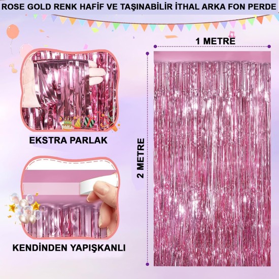 Ekstra Metalize Parlak Saçaklı Arka Fon Perde Rose Gold Ekstra Metalize Parlak Saçaklı Arka Fon Perde Rose Gold