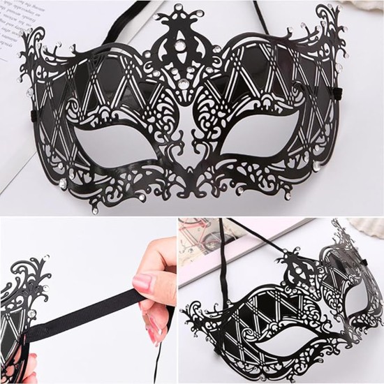 Kristal Gümüş Taşlı Siyah Lazer Kesim Metal Lüks Maske Kristal Gümüş Taşlı Siyah Lazer Kesim Metal Lüks Maske