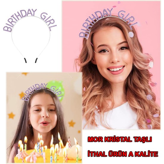 Mor Renk Kristal Taşlı Parlak Birthday Girl Yazılı Taç Mor Renk Kristal Taşlı Parlak Birthday Girl Yazılı Taç