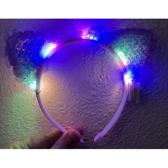 Mor Pullu Led Işıklı Kedi Kulak Taç Mor Pullu Led Işıklı Kedi Kulak Taç