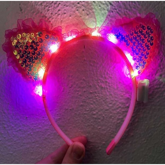Pembe Pullu Led Işıklı Kedi Kulak Taç Pembe Pullu Led Işıklı Kedi Kulak Taç