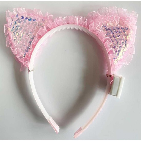 Pembe Pullu Led Işıklı Kedi Kulak Taç Pembe Pullu Led Işıklı Kedi Kulak Taç