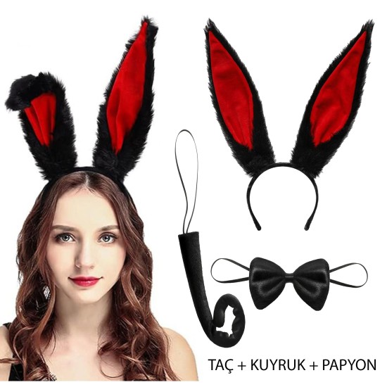 Siyah Kırmızı Peluş Tavşan Kulak Seti Yetişkin Boy Siyah Kırmızı Peluş Tavşan Kulak Seti Yetişkin Boy