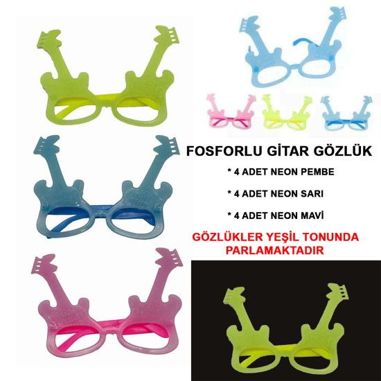 Fosforlu Gitar Glow Parti Gözlüğü 12 adet Fosforlu Gitar Glow Parti Gözlüğü 12 adet