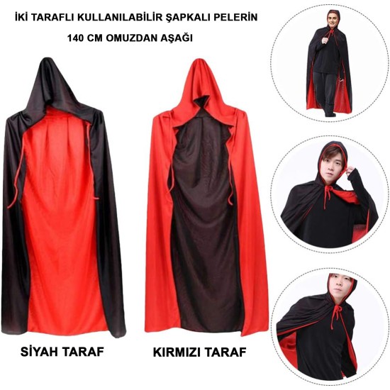 Siyah Kırmızı Çift Taraflı Kapişonlu Pelerin Siyah Kırmızı Çift Taraflı Kapişonlu Pelerin