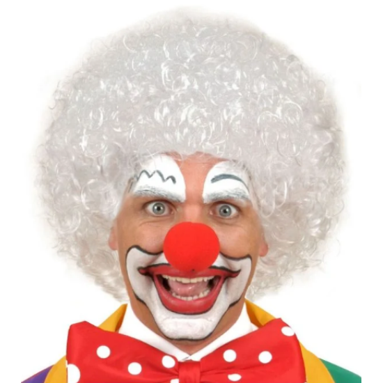 Beyaz Kıvırcık Afro Peruk ve Kırmızı Sünger Burun Seti Beyaz Kıvırcık Afro Peruk ve Kırmızı Sünger Burun Seti
