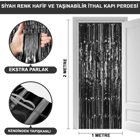 Siyah Ekstra Metalize Parlak Saçaklı Arka Fon Perde Siyah Ekstra Metalize Parlak Saçaklı Arka Fon Perde