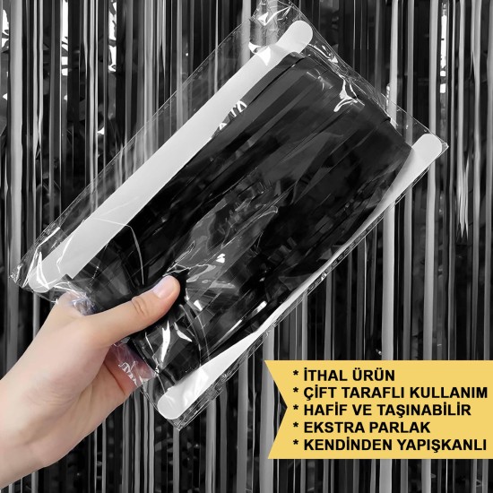 Siyah Ekstra Metalize Parlak Saçaklı Arka Fon Perde Siyah Ekstra Metalize Parlak Saçaklı Arka Fon Perde