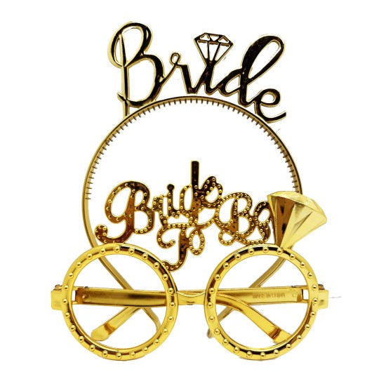 Bride Yazılı Taç ve Bride To Be Yazılı Gözlük Seti Altın Renk Bride Yazılı Taç ve Bride To Be Yazılı Gözlük Seti Altın Renk