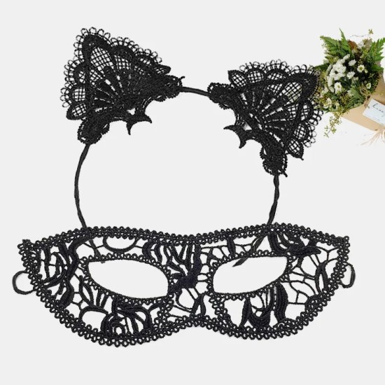 Siyah Dantel Maske ve Kulak Taç Seti No 12 Siyah Dantel Maske ve Kulak Taç Seti No 12