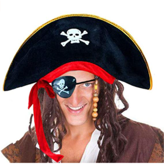 Yetişkin Boy Kadife Kaptan Jack Sparrow Korsan Şapkası ve Plastik Korsan Göz Maskesi Yetişkin Boy Kadife Kaptan Jack Sparrow Korsan Şapkası ve Plastik Korsan Göz Maskesi