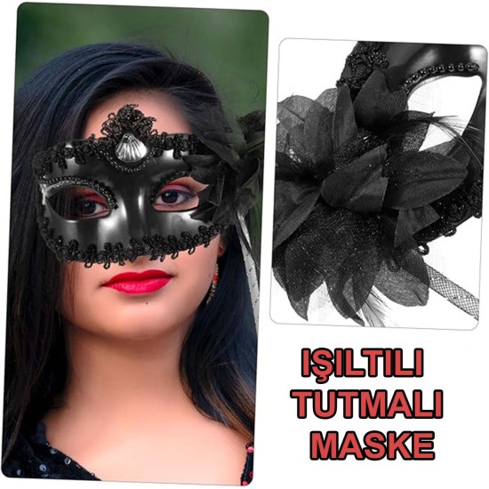 Siyah Işıltılı Tutmalı Fotoğraf Çekimi Maskesi Siyah Işıltılı Tutmalı Fotoğraf Çekimi Maskesi