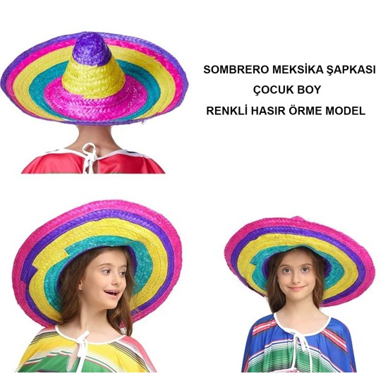 Sombrero Meksika Şapkası Renkli Örme Hasır Çocuk Boy Sombrero Meksika Şapkası Renkli Örme Hasır Çocuk Boy