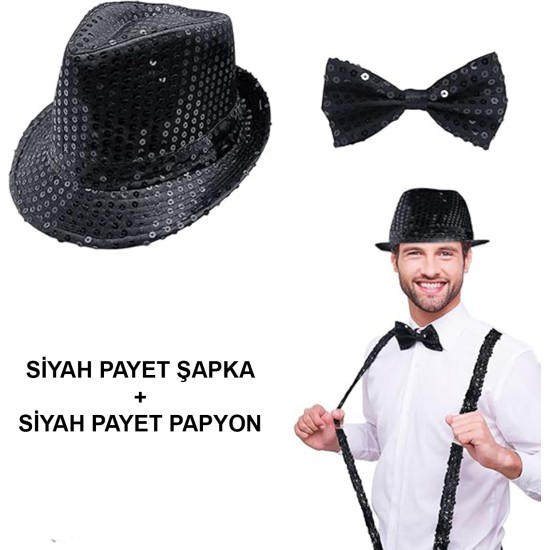 Siyah Payetli Şapka ve Papyon Seti – Parıltılı Yetişkin Kostüm Seti Siyah Payetli Şapka ve Papyon Seti – Parıltılı Yetişkin Kostüm Seti