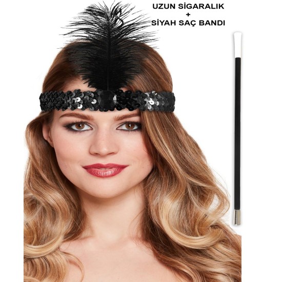 Siyah Retro Charliston Saç Bandı & Sigaralık Siyah Retro Charliston Saç Bandı & Sigaralık