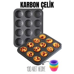 Engithalat 12 li Muffin Kalıbı Teflon Çelik 100 Muffin Kağıtlı