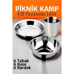 Engithalat Paslanmaz Çelik Tabak Kase Bardak Seti Kamp Piknik Seti 18 adet