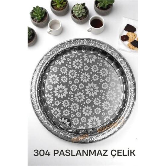 Engithalat Servis Tepsisi - Çelik Çay Tepsisi  Şık Desenli Tepsi 36 CM