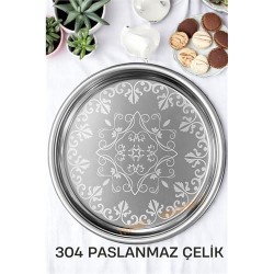 Engithalat Servis Tepsisi - Çelik Çay Tepsisi  Şık Desenli Tepsi 41 CM