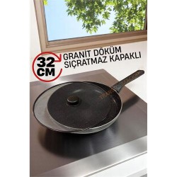 Engithalat Granit Döküm Tava Yağ Sıçratmaz Kapaklı -Yapışmaz Taban 32 Cm