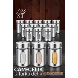 Modacar Cam+Çelik Tuzluk Biberlik Karabiberlik 3 Farklı Delikli 12 li SET