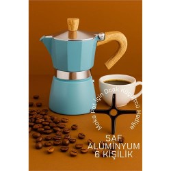 Modacar Italyan Moka Pot - 6061 Saf Alüminyum  Ahşap Saplı - 6 kişilik MAVİ