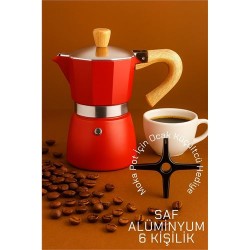 Modacar Italyan Moka Pot - 6061 Saf Alüminyum  Ahşap Saplı - 6 kişilik KIRMIZI