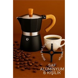 Modacar Italyan Moka Pot - 6061 Saf Alüminyum  Ahşap Saplı - 6 kişilik SİYAH