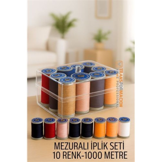 Modacar Dikiş İpliği Seti - 10 Renk 1000 Mt Kutulu Mezuralı Dikiş Seti