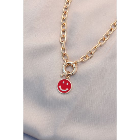 Yeni Sezon Kırmızı Renk Smile Model Retro Gold Metal Kolye Yeni Sezon Kırmızı Renk Smile Model Retro Gold Metal Kolye