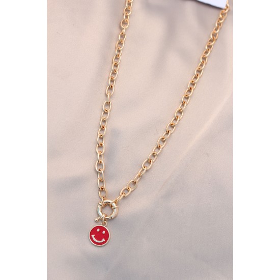 Yeni Sezon Kırmızı Renk Smile Model Retro Gold Metal Kolye Yeni Sezon Kırmızı Renk Smile Model Retro Gold Metal Kolye