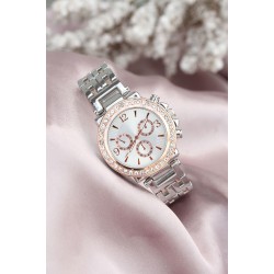 Gümüş Metal Kordonlu Rose Zirkon Taşlı Kasa Tasarımlı Kadın Saat