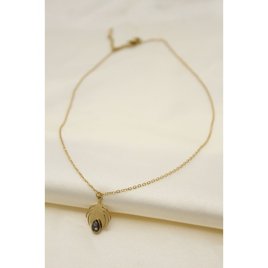 Çelik Gold Renk Kristal Taşlı Yaprak Model Kadın Kolye Çelik Gold Renk Kristal Taşlı Yaprak Model Kadın Kolye