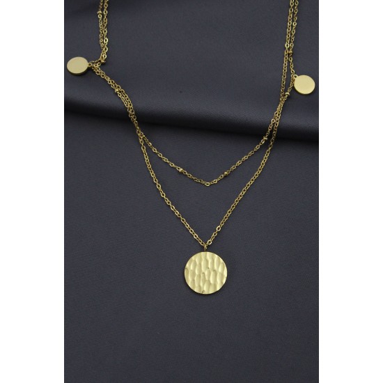 Çelik Gold Renk Desenli Oval Model Çift Zincir Tasarımlı Kadın Kolye Çelik Gold Renk Desenli Oval Model Çift Zincir Tasarımlı Kadın Kolye