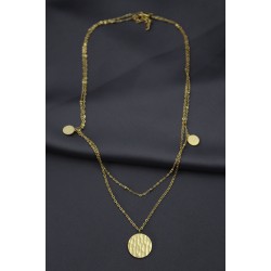 Çelik Gold Renk Desenli Oval Model Çift Zincir Tasarımlı Kadın Kolye