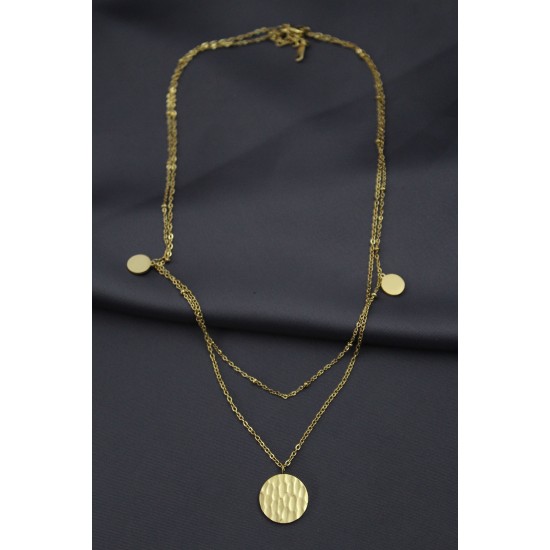 Çelik Gold Renk Desenli Oval Model Çift Zincir Tasarımlı Kadın Kolye Çelik Gold Renk Desenli Oval Model Çift Zincir Tasarımlı Kadın Kolye