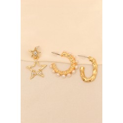 Gold Renk Metal Zirkon Taşlı ve İncili Yıldız Detaylı Küpe Seti