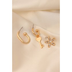 Gold Renkli Metal Zirkon Taşlı Kalpli Anahtar Detaylı Küpe Seti