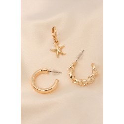 Gold Renkli Metal Minimal Deniz Yıldızı Burgu Detaylı Yarım Halka Küpe Seti