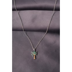 Gümüş Renk Metal Zirkon Taş Palmiye Ağaç Tasarımlı Kadın Kolye