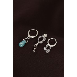 Düğüm Model Gümüş Renk Metal Mavi Taş Detaylı Çoklu Küpe