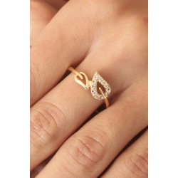 Zirkon Taşlı Gold Renk Yaprak Model Kadın Yüzük