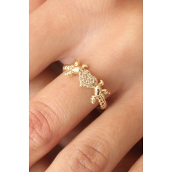 Zirkon Taşlı Gold Renk Kalp ve Kuş Figürlü Ayarlanabilir Kadın Yüzük