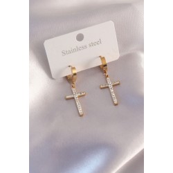 Çelik Gold Renk Zirkon Taşlı Kadın Küpe