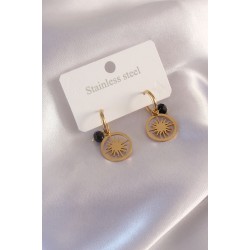 Çelik Gold Renk Güneş Figür Siyah Kristal Detay Kadın Küpe