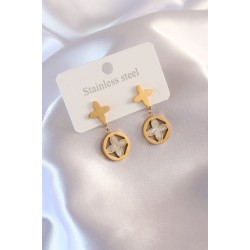 Çelik Gold Renk Yonca Model Kadın Küpe