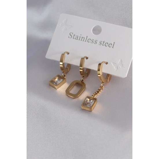 316L Çelik Gold Renk Kare Model Zirkon Taş Detay Kadın Küpe Kombini 316L Çelik Gold Renk Kare Model Zirkon Taş Detay Kadın Küpe Kombini